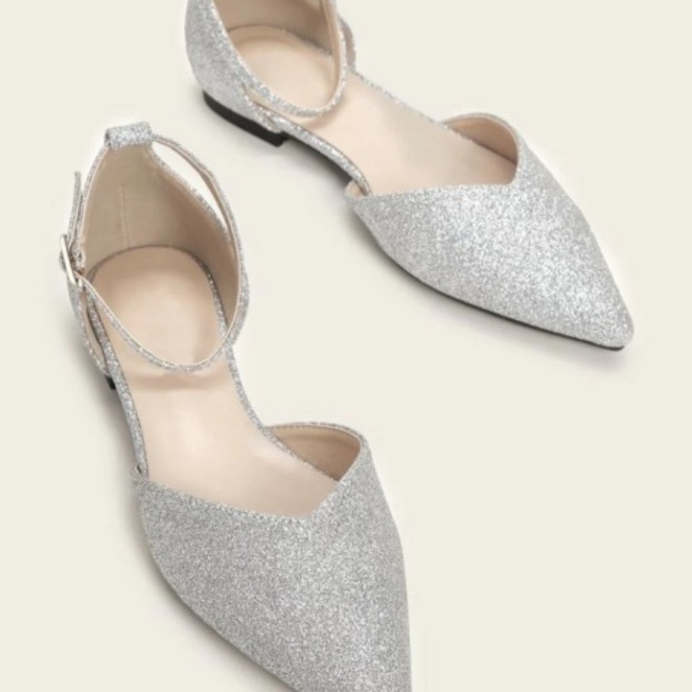 silver glitter flat shoes; party shoes